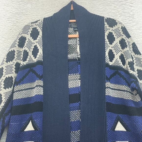Lucky Brand Sweater Womens Small Blue Cardigan Geo Print Chunky Knit Cozy Pocket - Picture 4 of 10